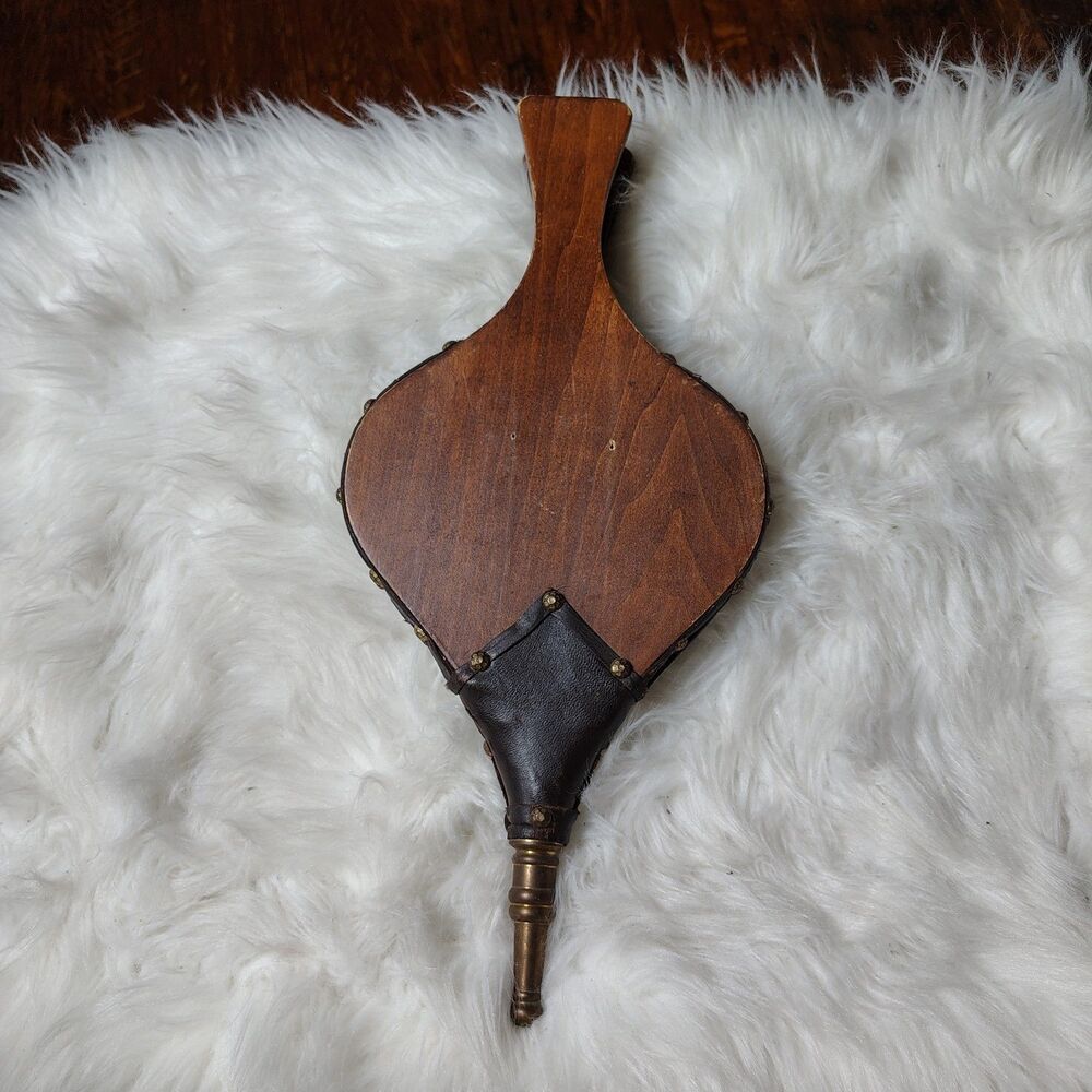 Vintage 16" Wooden & Leather Chimney Fireplace Bellow Brass Tacks WORKS antique
